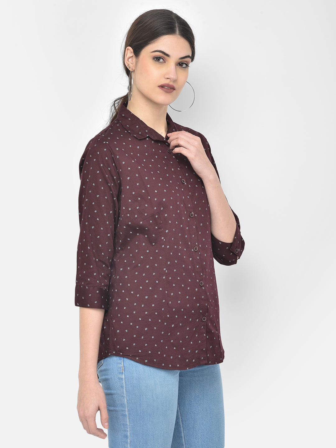 Maroon Printed Spread Collar Shirt - Women Shirts