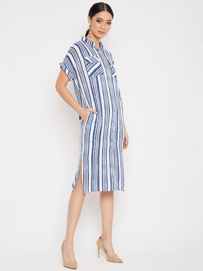 Blue and White Shirt Dress - Women Dresses