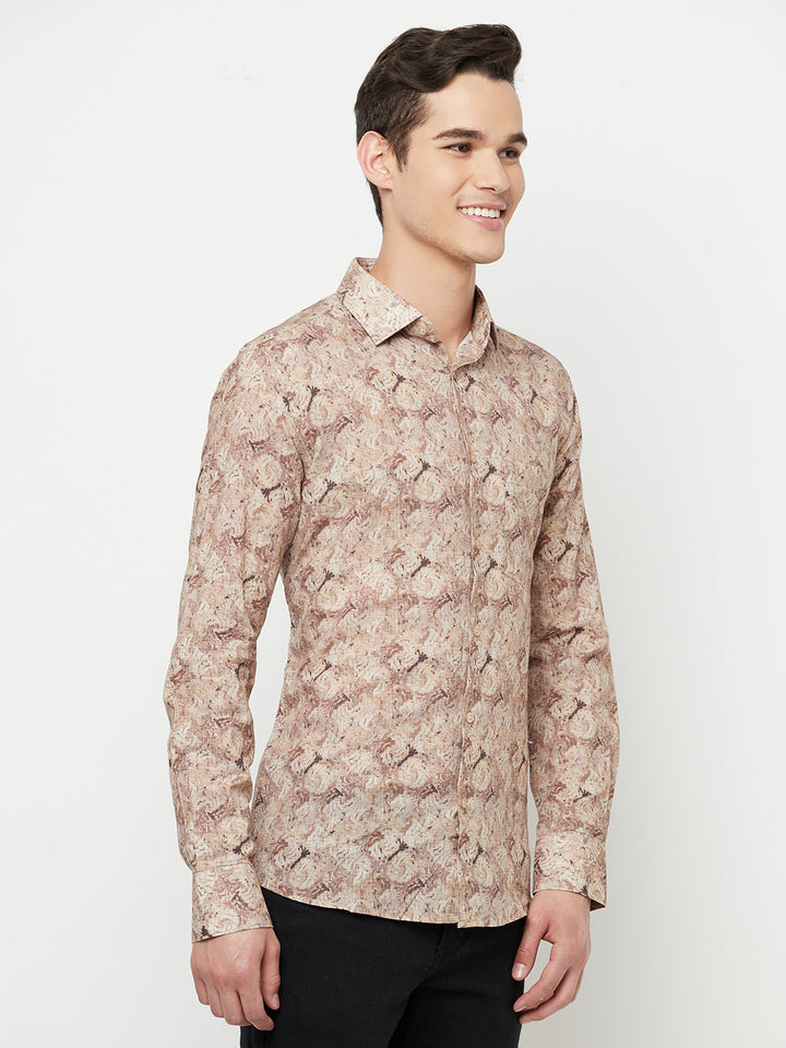 Beige Printed Linen Shirt - Men Shirts