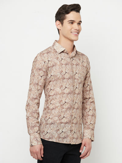 Beige Printed Linen Shirt - Men Shirts