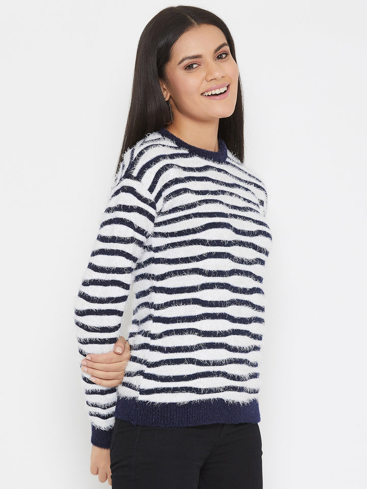 White Striped Round Neck Sweater - Women Sweaters
