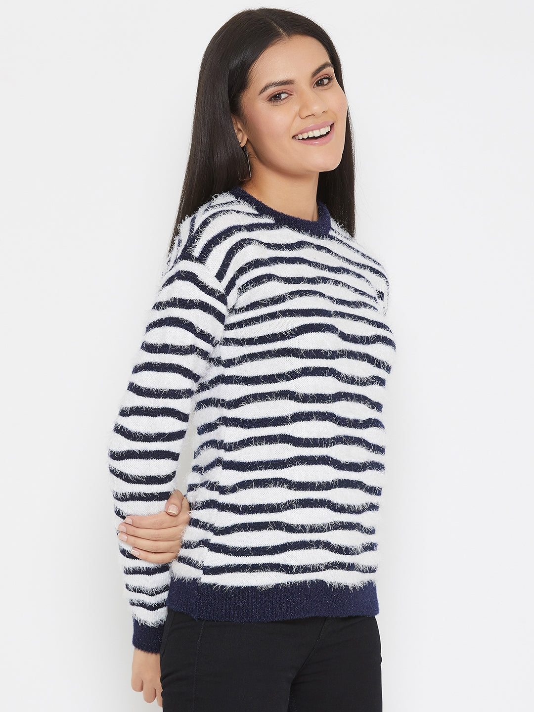 White Striped Round Neck Sweater - Women Sweaters