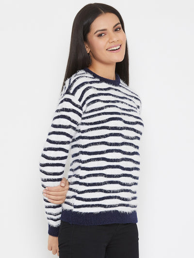 White Striped Round Neck Sweater - Women Sweaters