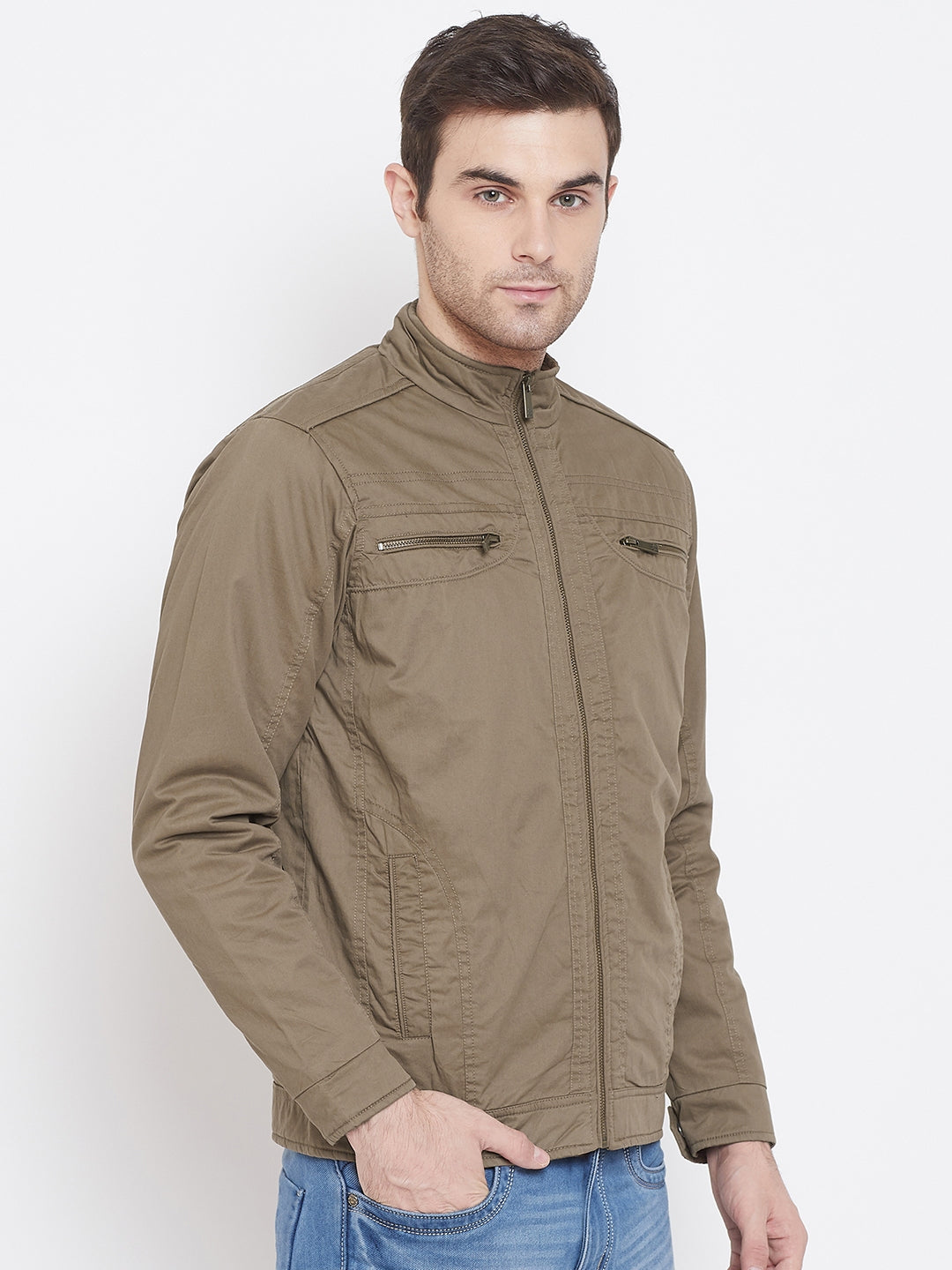 Beige Solid Mandarin Collar Jackets-Mens Jacket-Crimsoune Club