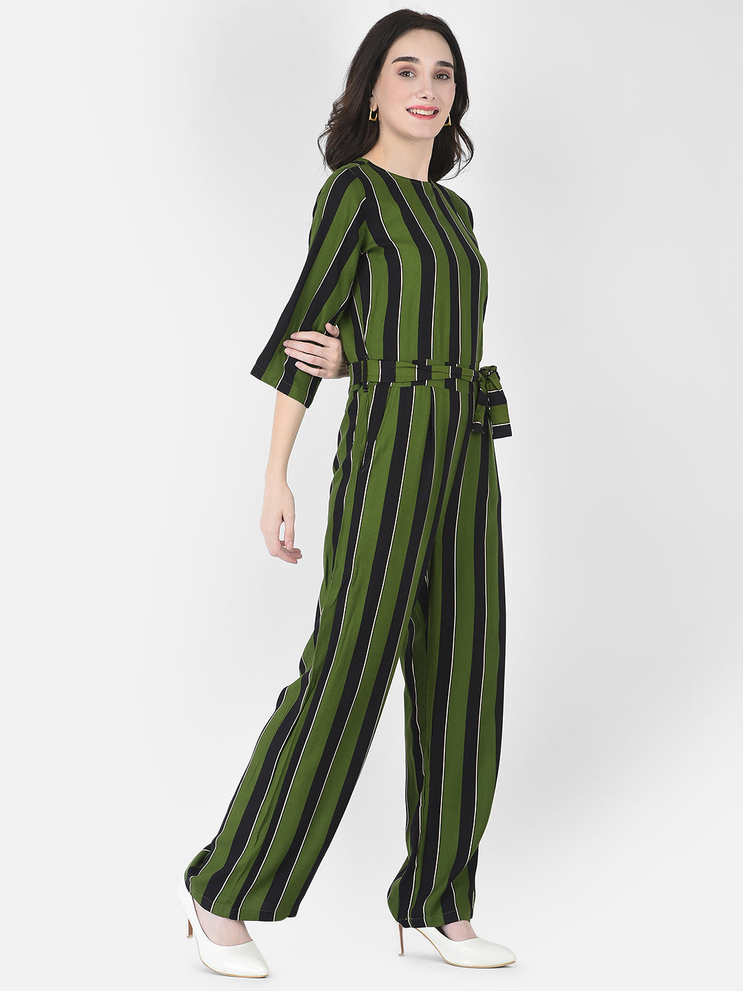 Green Striped Jumpsuit - Women Dungarees