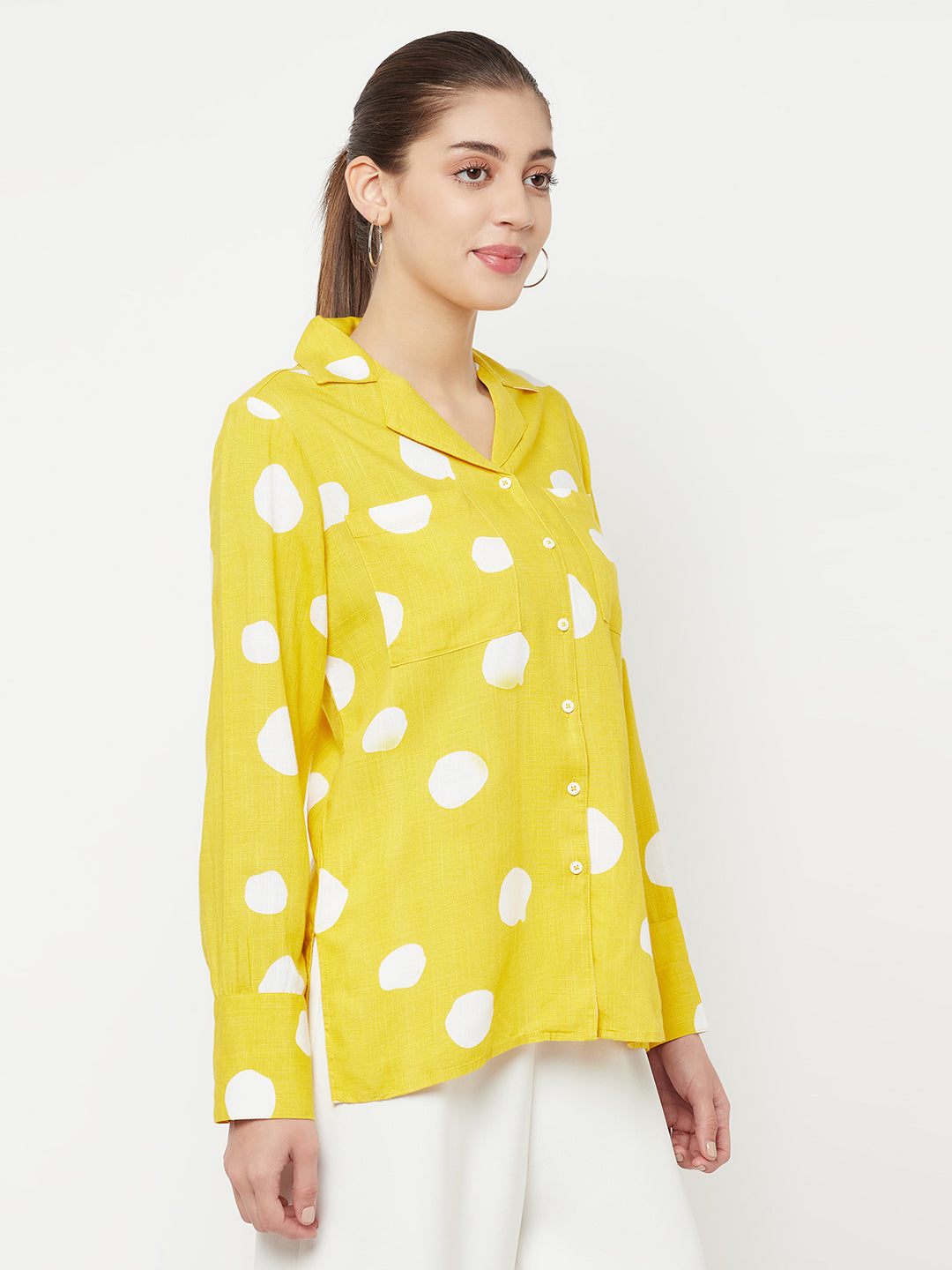 Yellow Polka Dot Printed Cuban Collar Shirt - Women Shirts