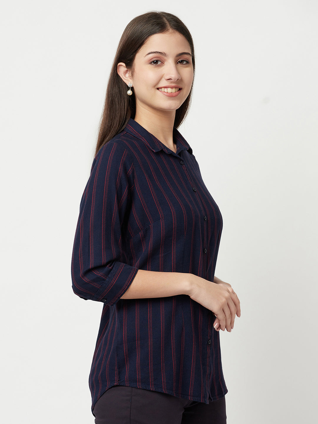 Navy Blue Striped Shirt-Women Shirts-Crimsoune Club