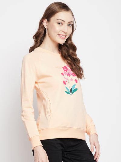 Orange Floral Round Neck Sweatshirt - Women Sweatshirts