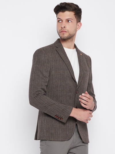 Brown Checked Notched Lapel Blazer - Men Blazers