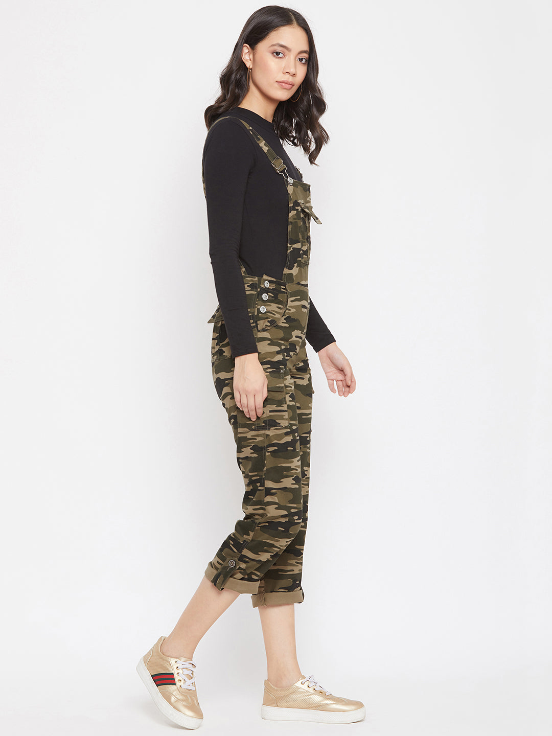 Green Camouflage Slim Fit Dungarees - Women Dungarees