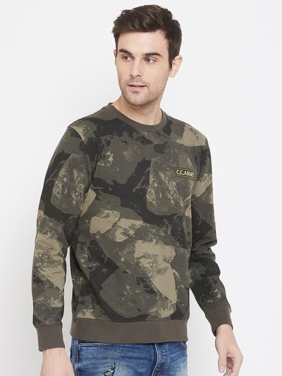 Olive Printed Round Neck Sweatshirt - Men Sweatshirts