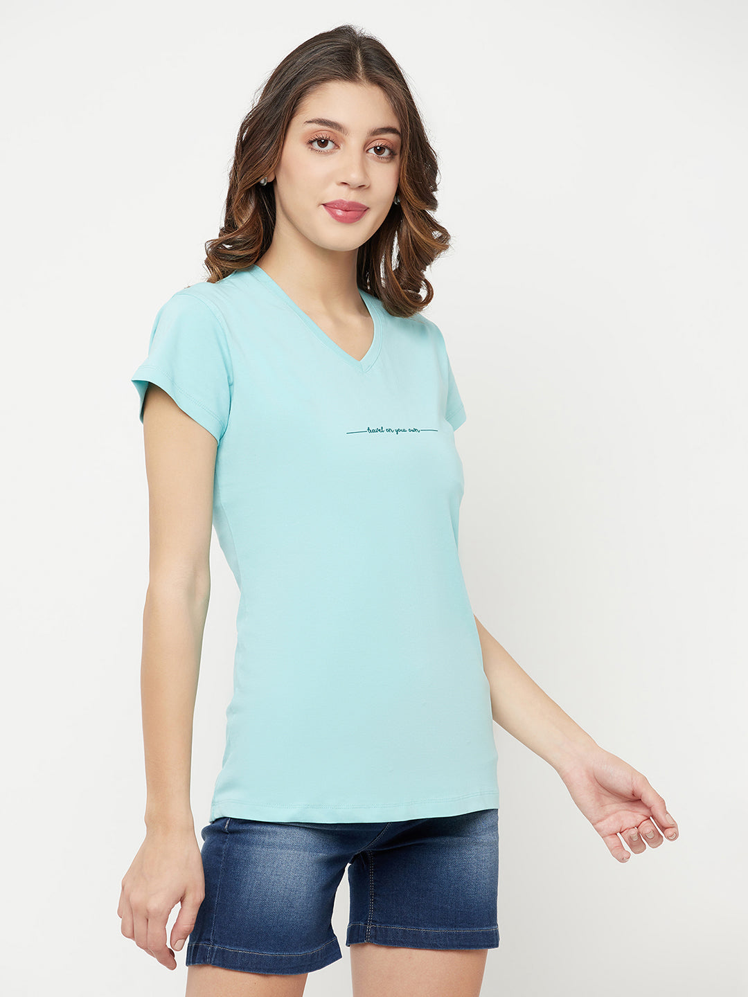 Mint Green Printed V-Neck T-Shirt - Women T-Shirts