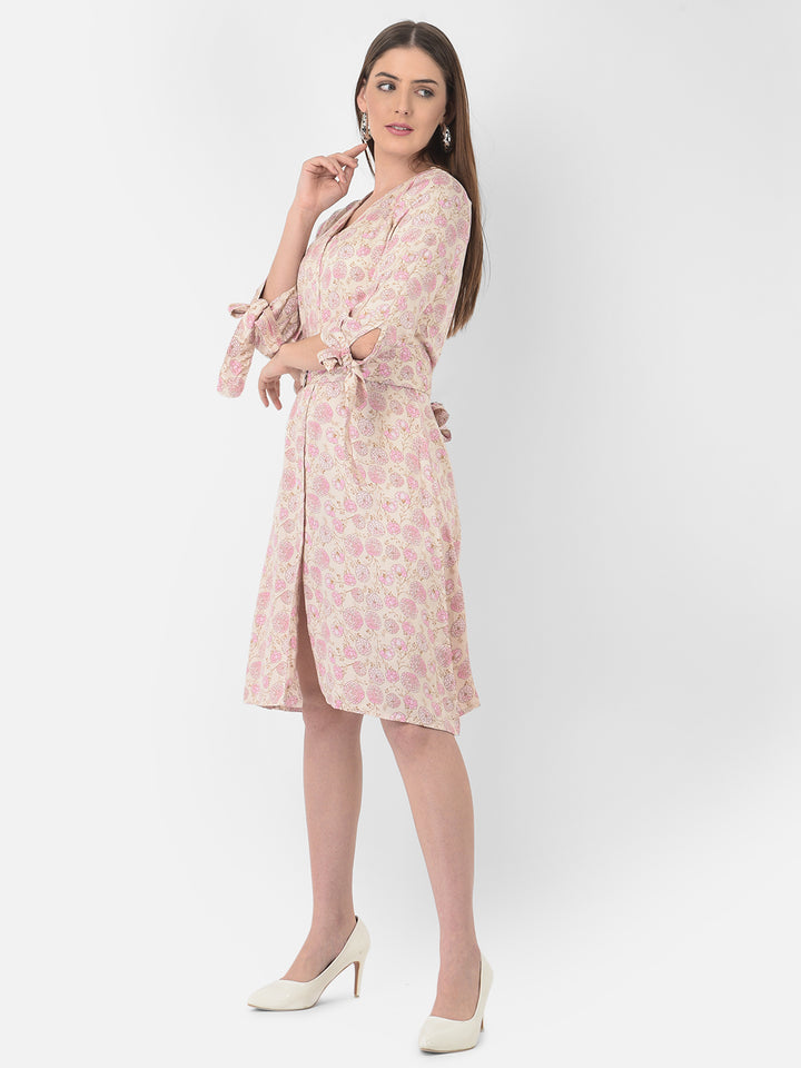 Pink Floral Printed V-Neck Dress With Belt - Women Dresses