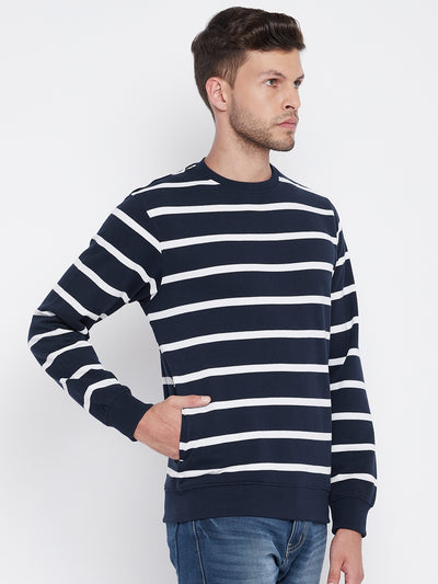 Navy Blue Striped Round Neck Sweatshirt - Men Sweatshirts