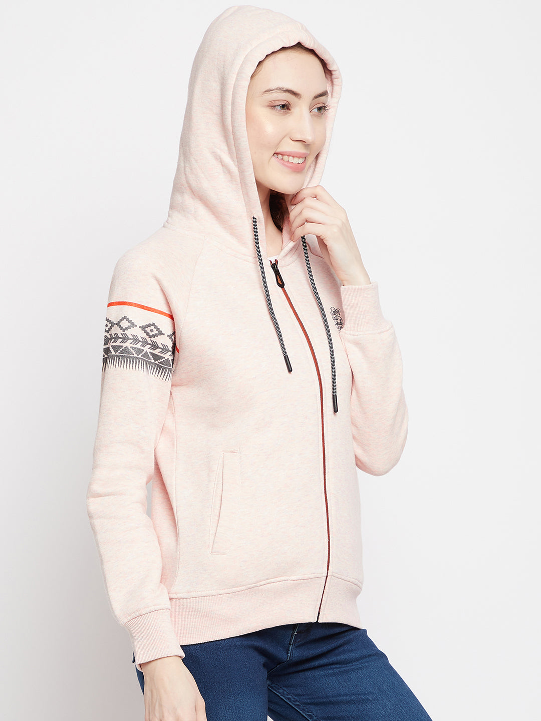 Peach Printed Hooded Sweatshirt - Women Sweatshirts