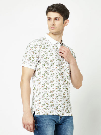  White Leaf-Print Polo T-Shirt