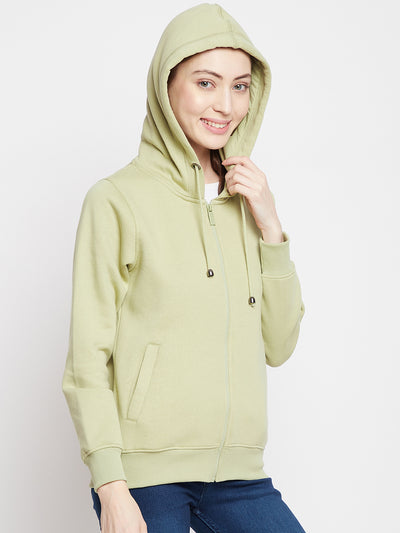 Crimsoune Club Women Olive Solid Hooded Sweatshirt-Women Sweat Shirts-Crimsoune Club