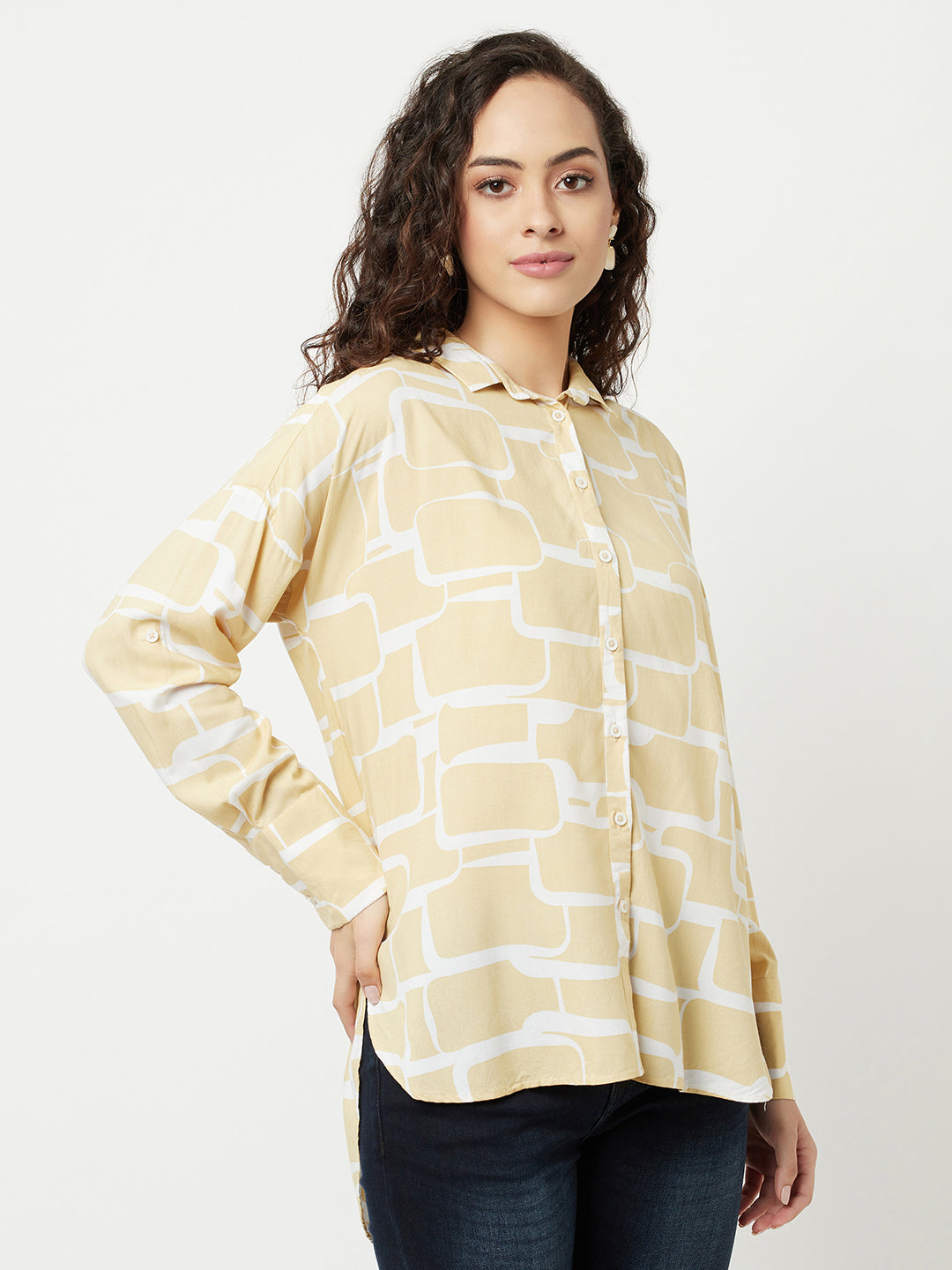 Beige Printed High-Low Shirt-Women Shirts-Crimsoune Club