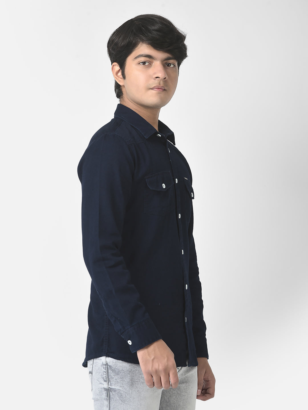  Navy Blue Slim Denim Shirt