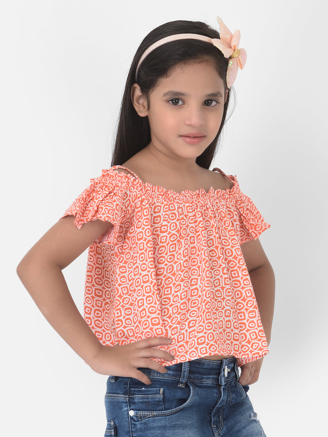 Orange Printed Cold Shoulder Crop Top - Girls Tops