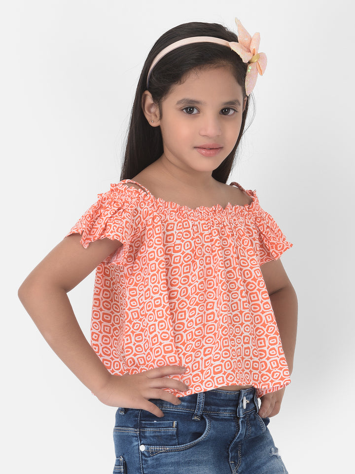 Orange Printed Cold Shoulder Crop Top - Girls Tops