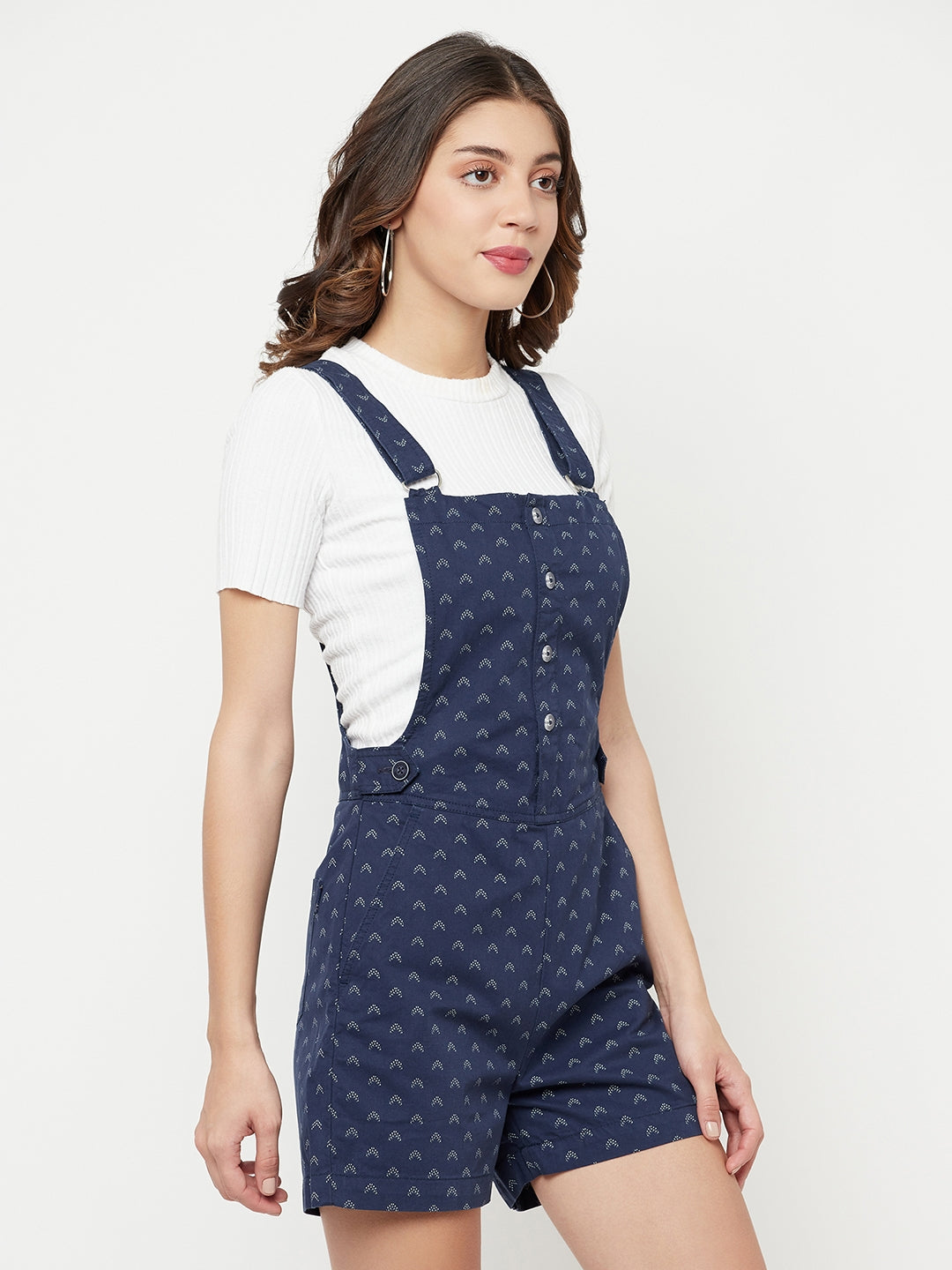 Navy Blue Printed Dungarees-Women Dungarees-Crimsoune Club