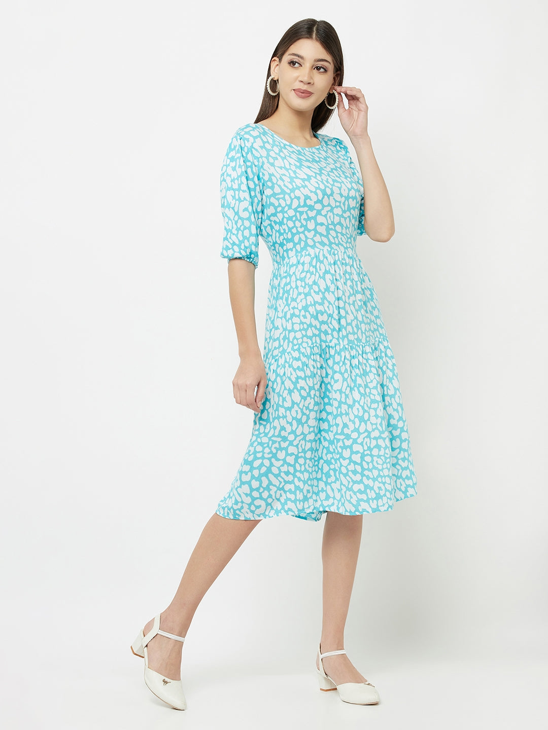 Blue Printed Round Neck Dress - Women Dresses
