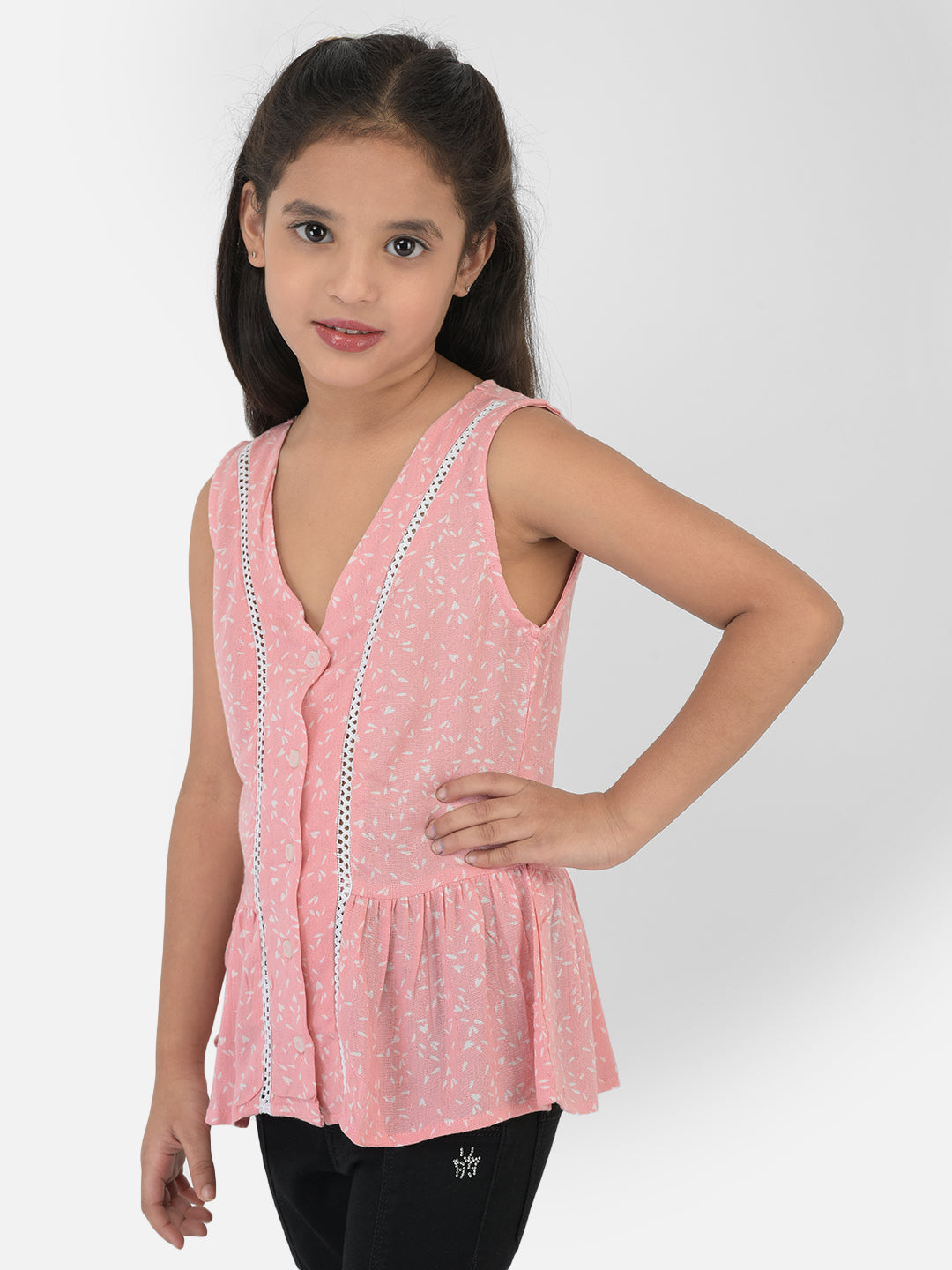 Pink Printed V-Neck Empire Top - Girls Tops