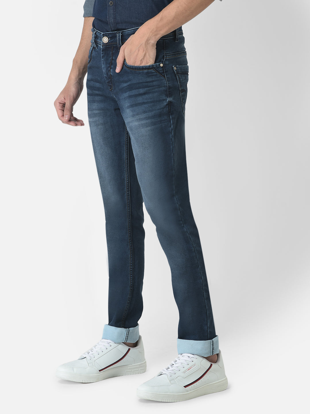 Slim-Fit Jeans with Whiskers and Chevrons Detailing 