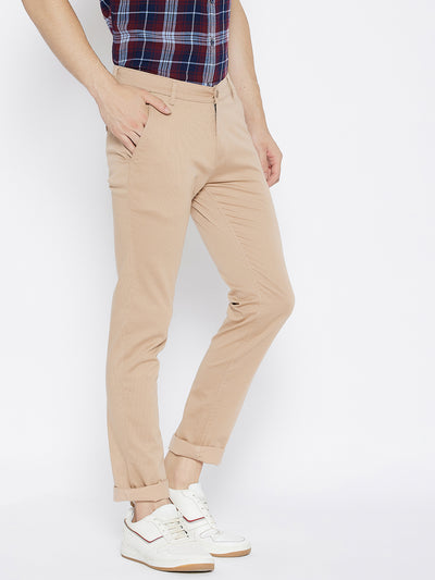 Beige Printed Slim Fit Trousers - Men Trousers
