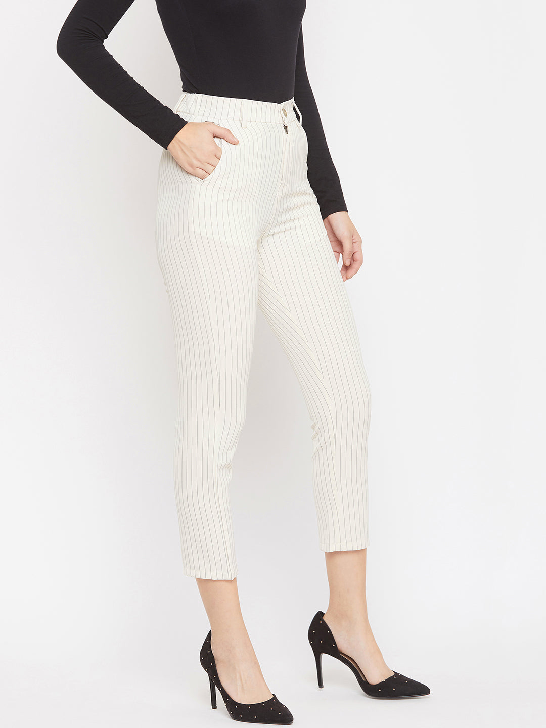 Cream Striped Trousers - Women Trousers