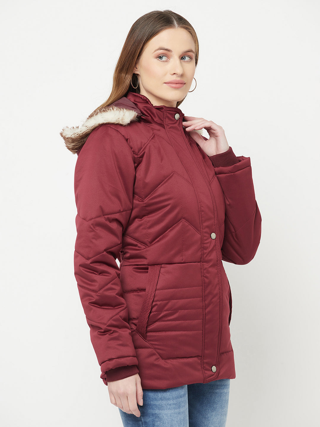 Maroon Detachable Hood Jacket - Women Jackets