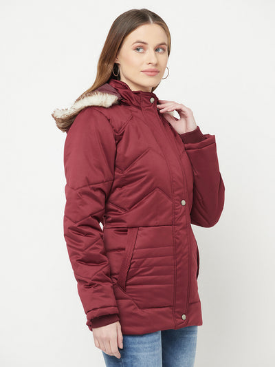 Maroon Detachable Hood Jacket - Women Jackets