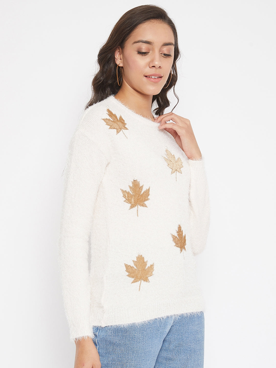 Cream Printed Round Neck Sweater - Women Sweaters