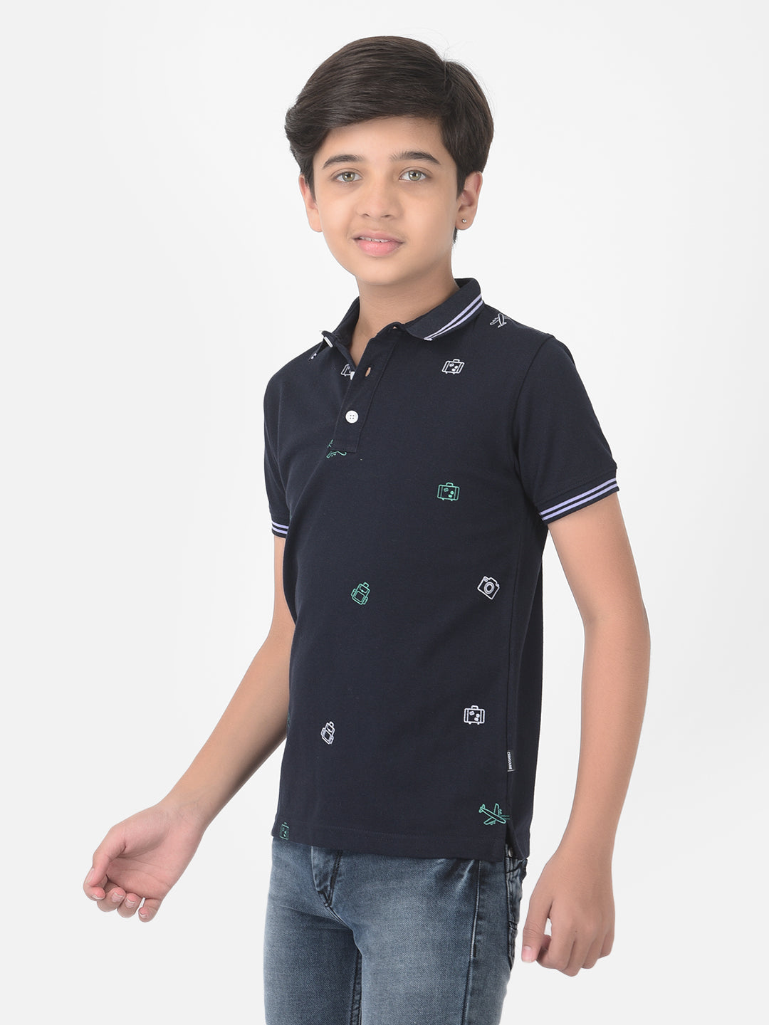 Navy Blue Printed Polo T-shirt - Boys T-Shirts