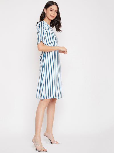 Blue and White Striped Empire Dress - Women Dresses