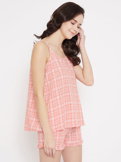 Pink Checked Slim Fit Night Suits - Women Night Suits