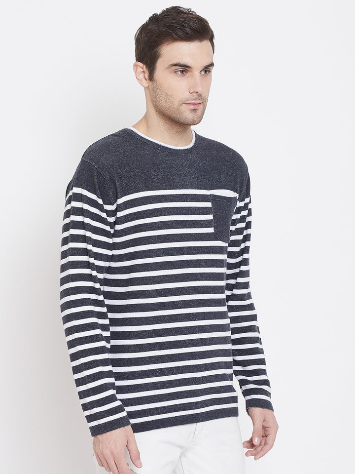 Grey Striped Round Neck Sweaters-Men Sweaters-Crimsoune Club