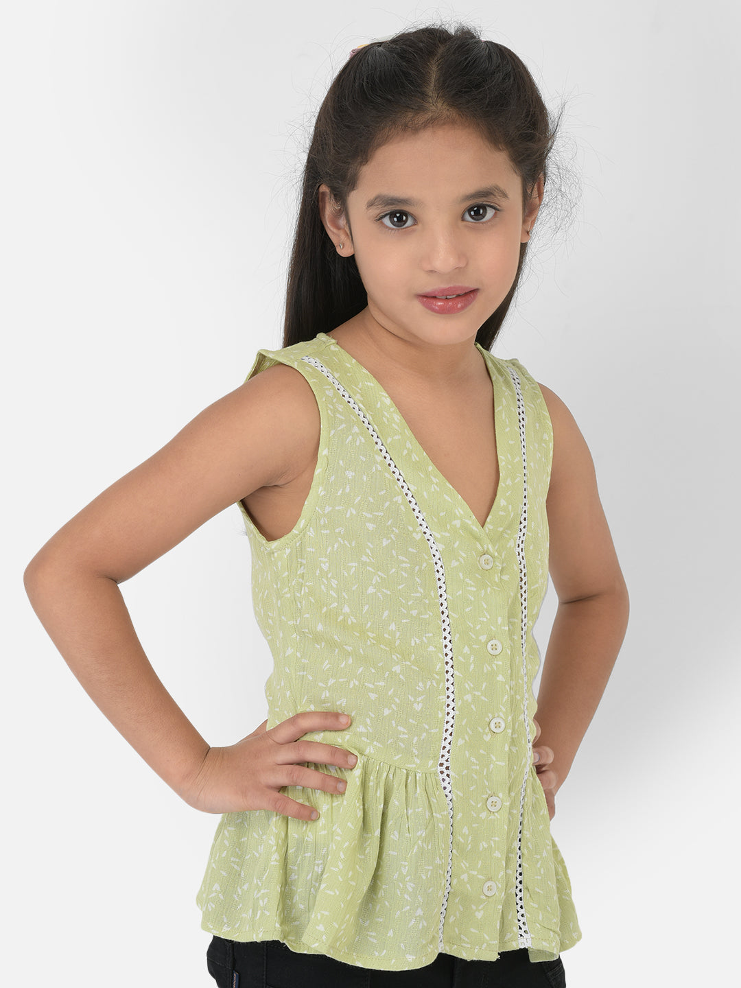 Light Green Printed V-Neck Top Empire Top - Girls Tops