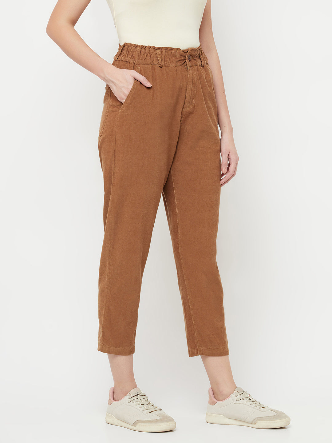 Brown Cropped Trousers - Women Trousers
