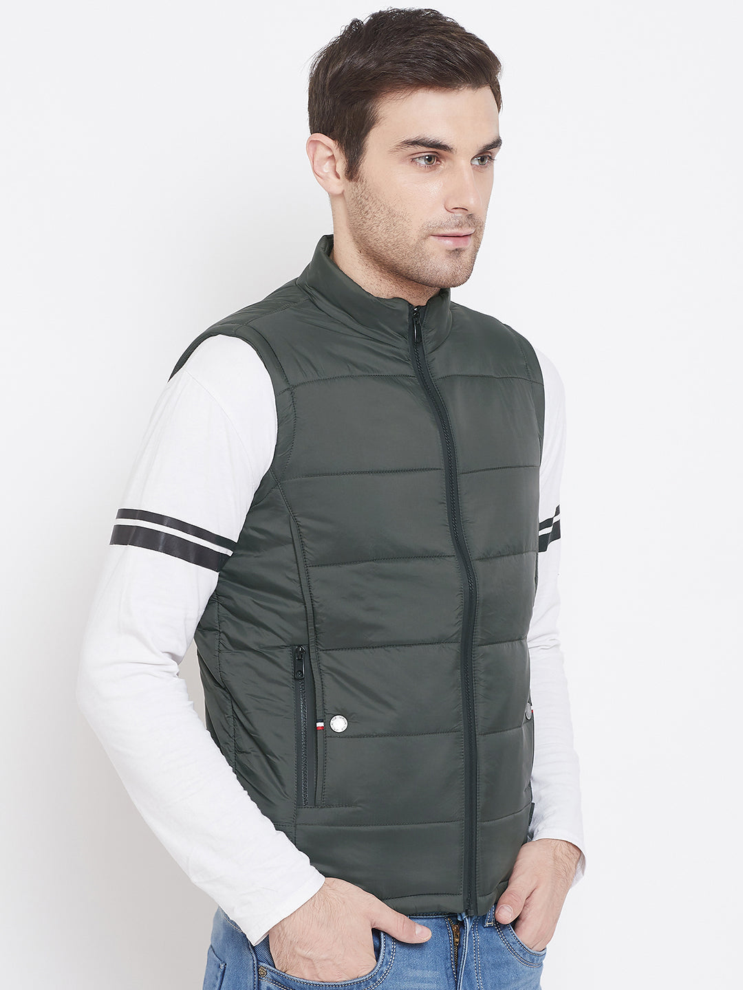 Olive Solid Mandarin Collar Jackets-Mens Jacket-Crimsoune Club