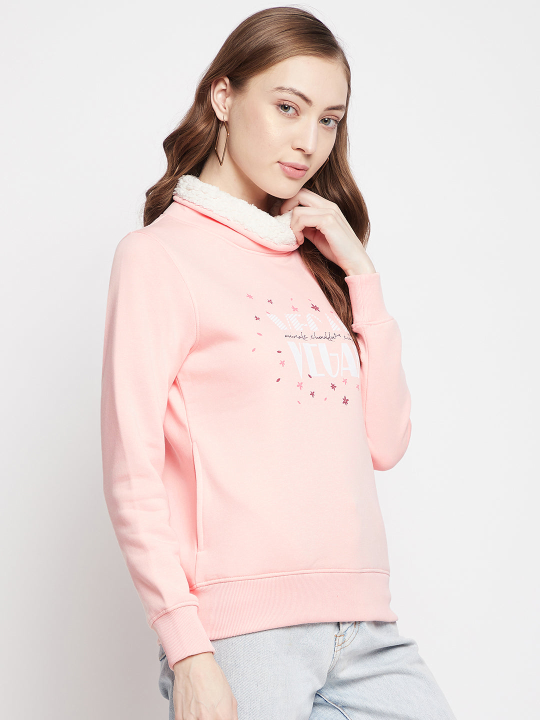 Pink Printed Turtle Neck Sweatshirt - Women Sweatshirts