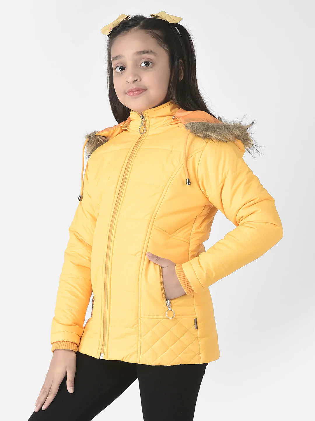  Mustard Fur Detailed Padded Jacket