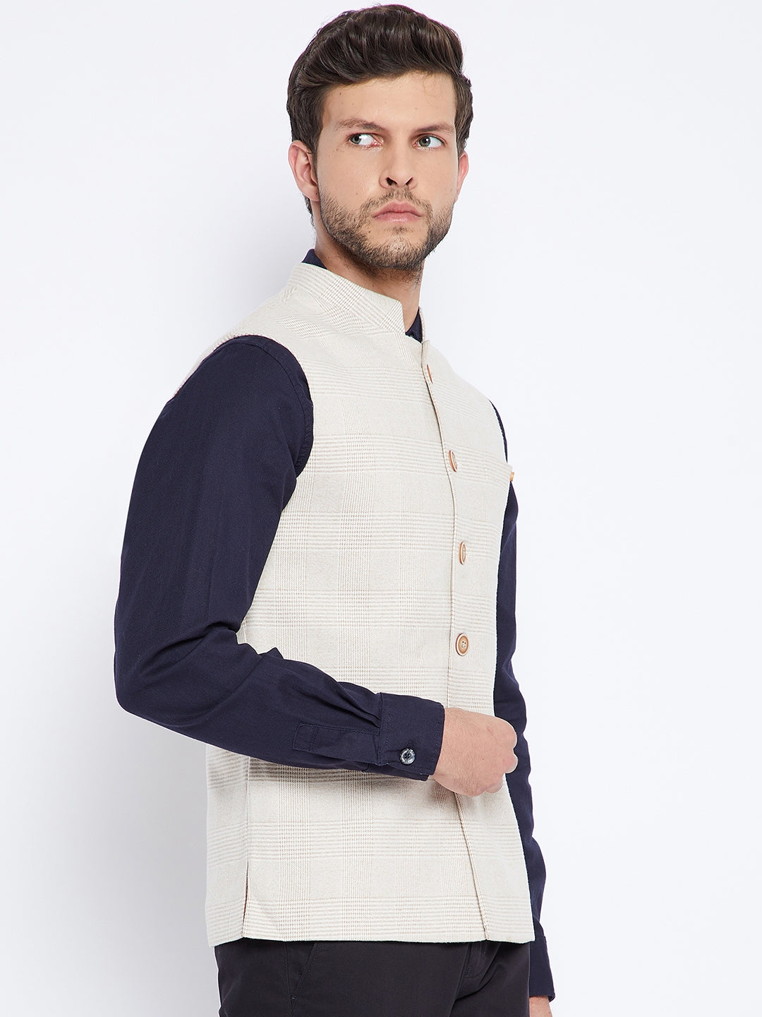 Beige Self Design Waistcoat - Men Waist Coat