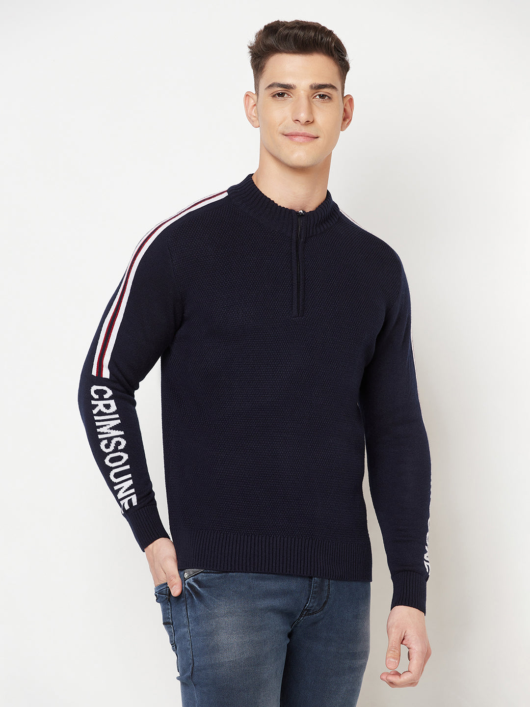 Navy Blue Printed Mock Neck Sweater - Men Sweaters