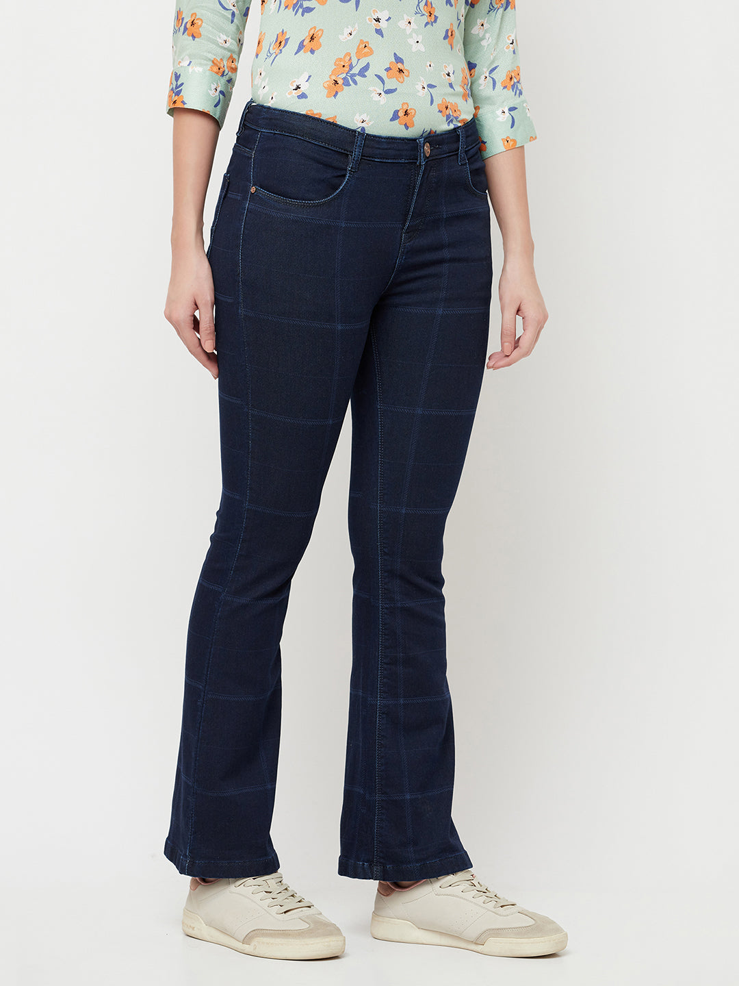 Navy Blue Checked Boot Cut Jeans - Women Jeans