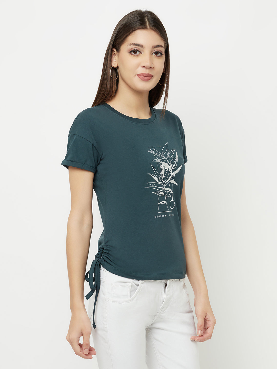 Green Printed Round Neck T-Shirt With Knot - Women T-Shirts