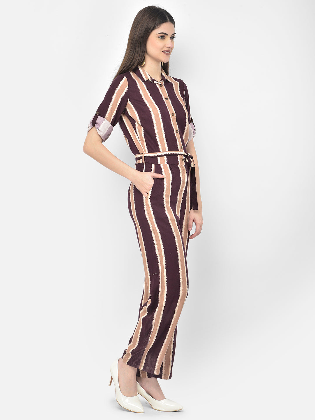 Maroon Striped Spread Collar Jump Suit - Women Jumpsuits