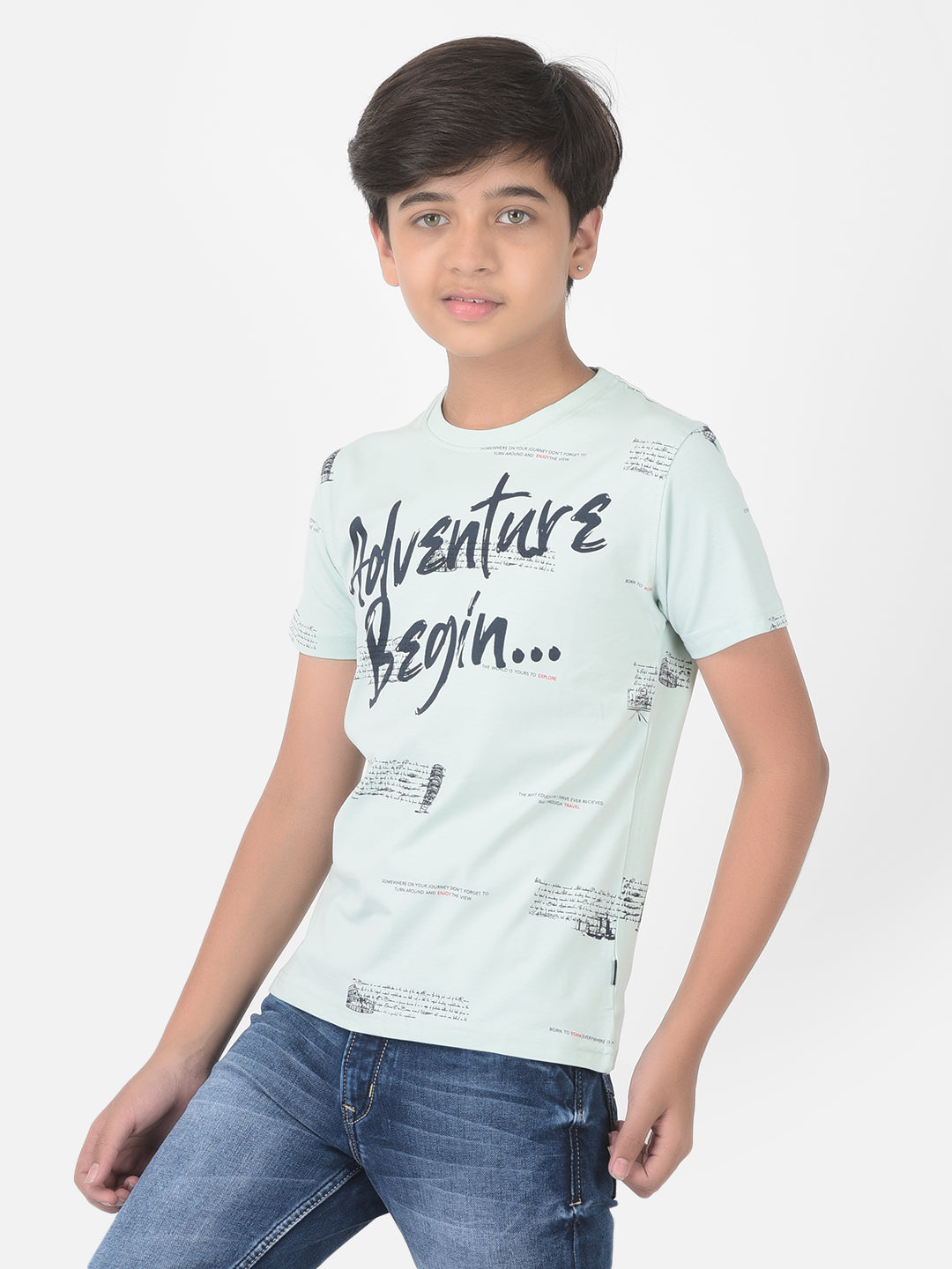 Mint Green Printed Round Neck T-shirt - Boys T-Shirts