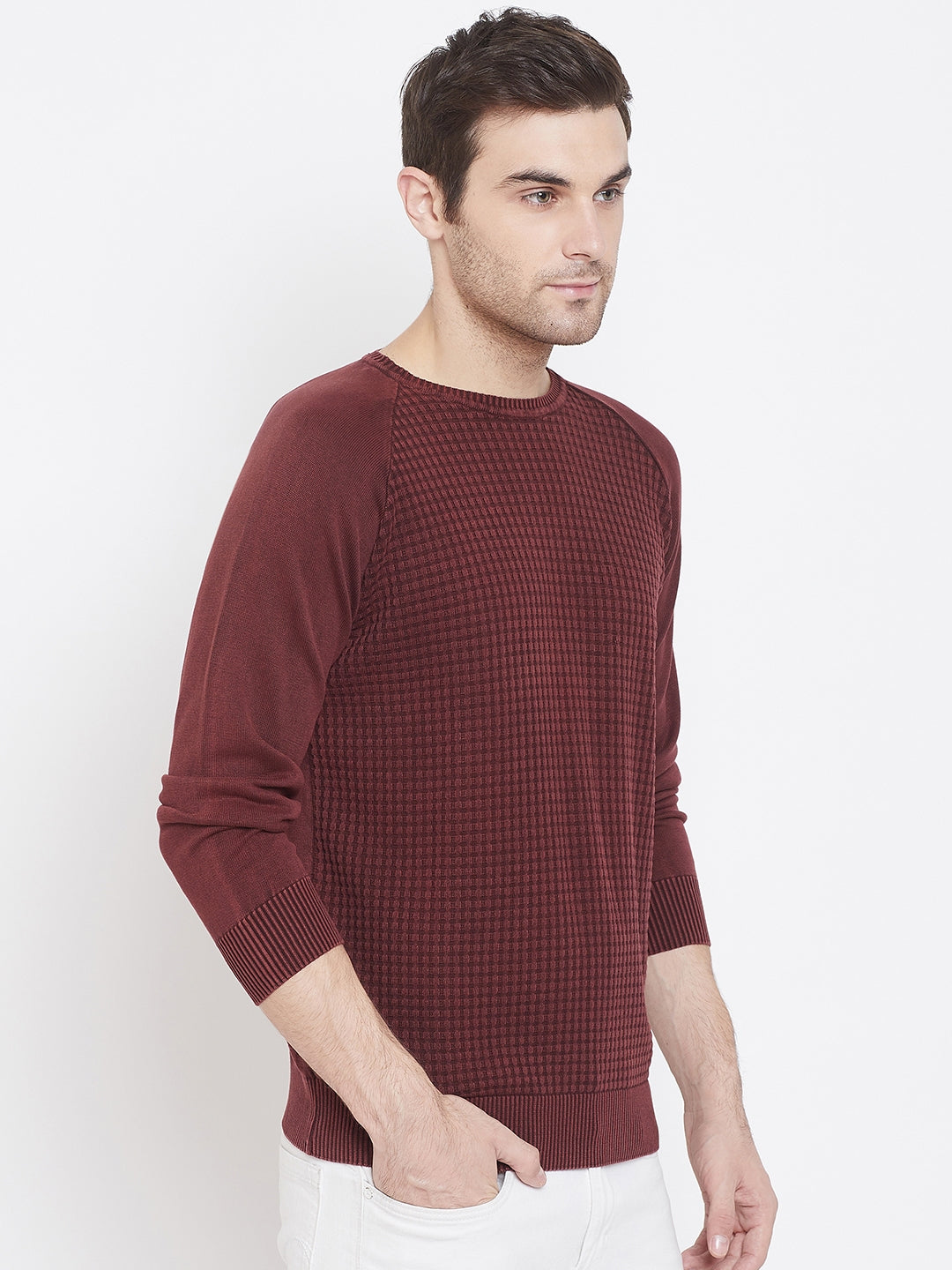 Maroon Self Design Round Neck Sweater - Men Sweaters
